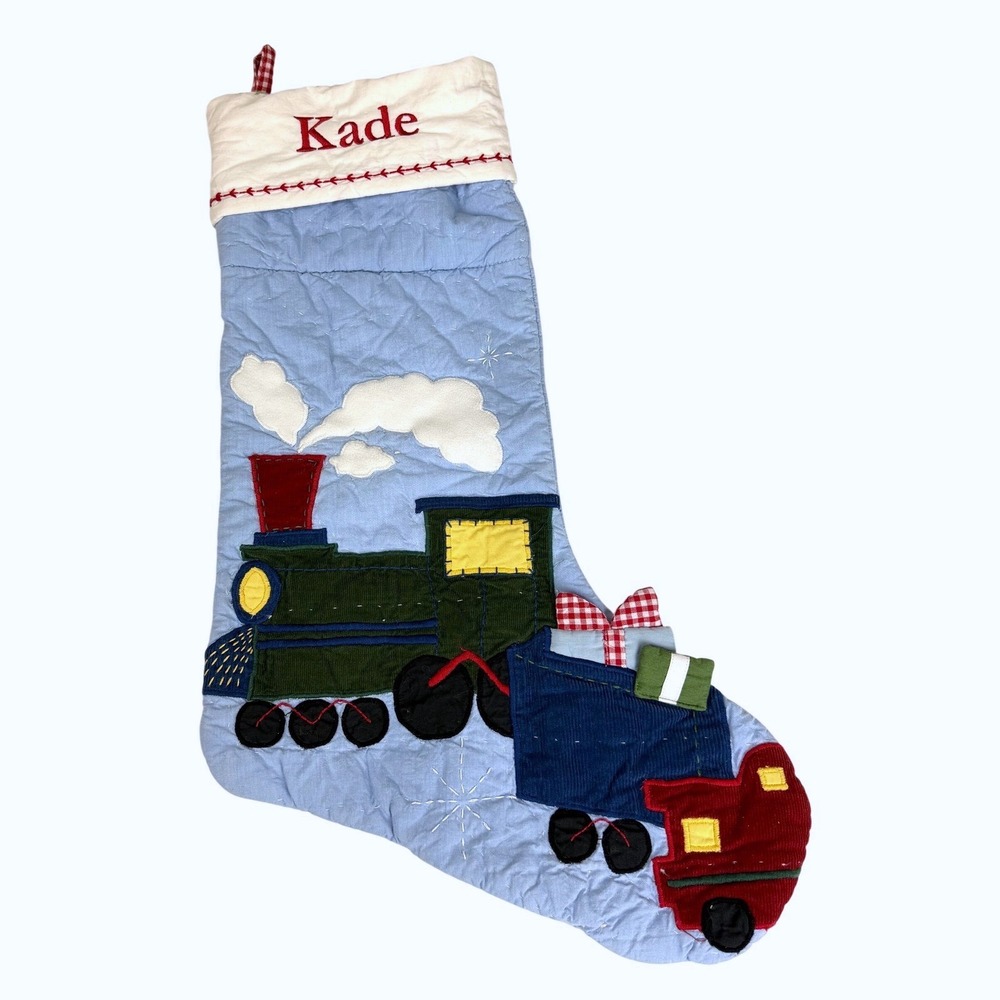 Pottery Barn Quilted Christmas Stocking Train Applique Blue Personalized Kade